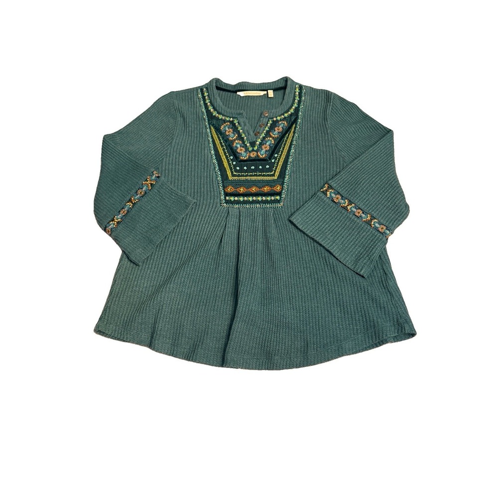 Soft Surroundings Waffle Knit Embroidered Henley Top L Beaded Thermal Sweater